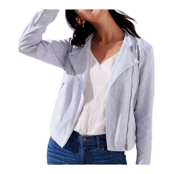 LOFT Pale Blue Linen
Asymmetric Zipper Moto
Jacket Women's L - Picture 1 of 15